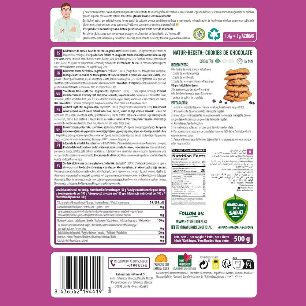 Bio eritrit, természetes édesítőszer, bio, alacsony glikémiás index, 500 gramm édesítőszer Naty Shop