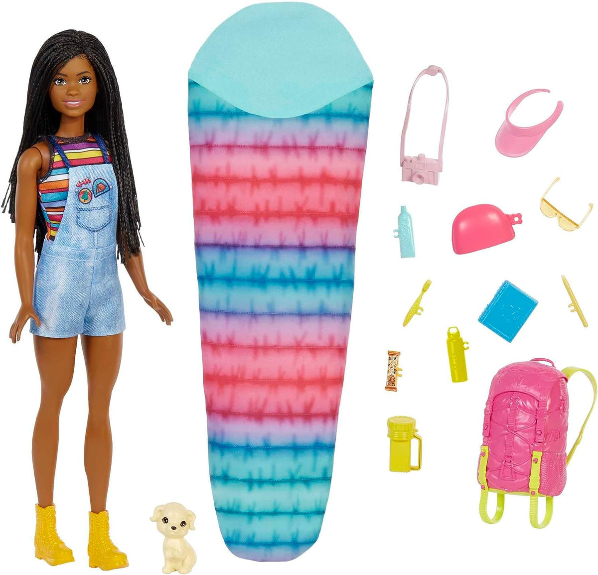 Păpușă Barbie HDF74 Twin Pack! Păpușă Brooklyn Camping (brunetă cu codițe împletite, aprox. 29 cm) cu cățeluș, rucsac, sac de dormit, 10 accesorii de camping, cadou pentru copii cu vârsta de 3 ani și peste