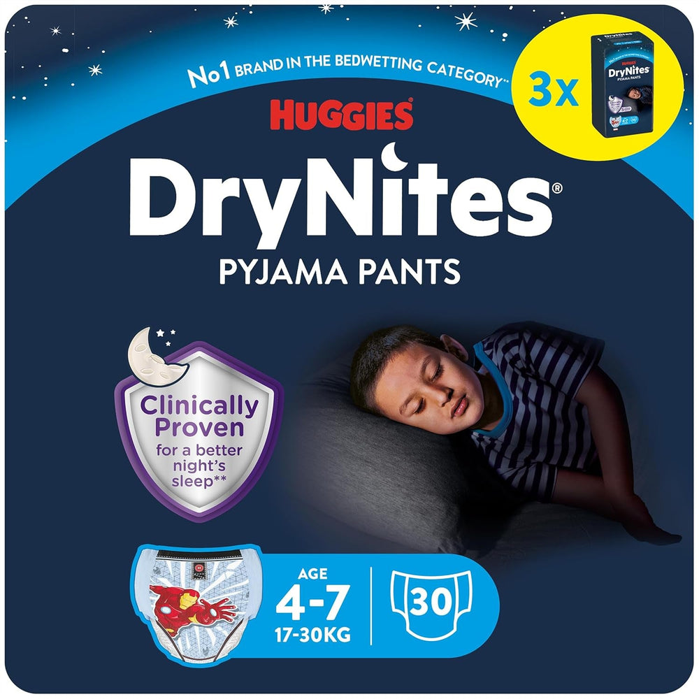 Scutece absorbante DryNites pentru noapte, pentru enurezis, pentru băieți 4-7 ani (17-30 kg), pachet lunar jumbo, 64 bucăți