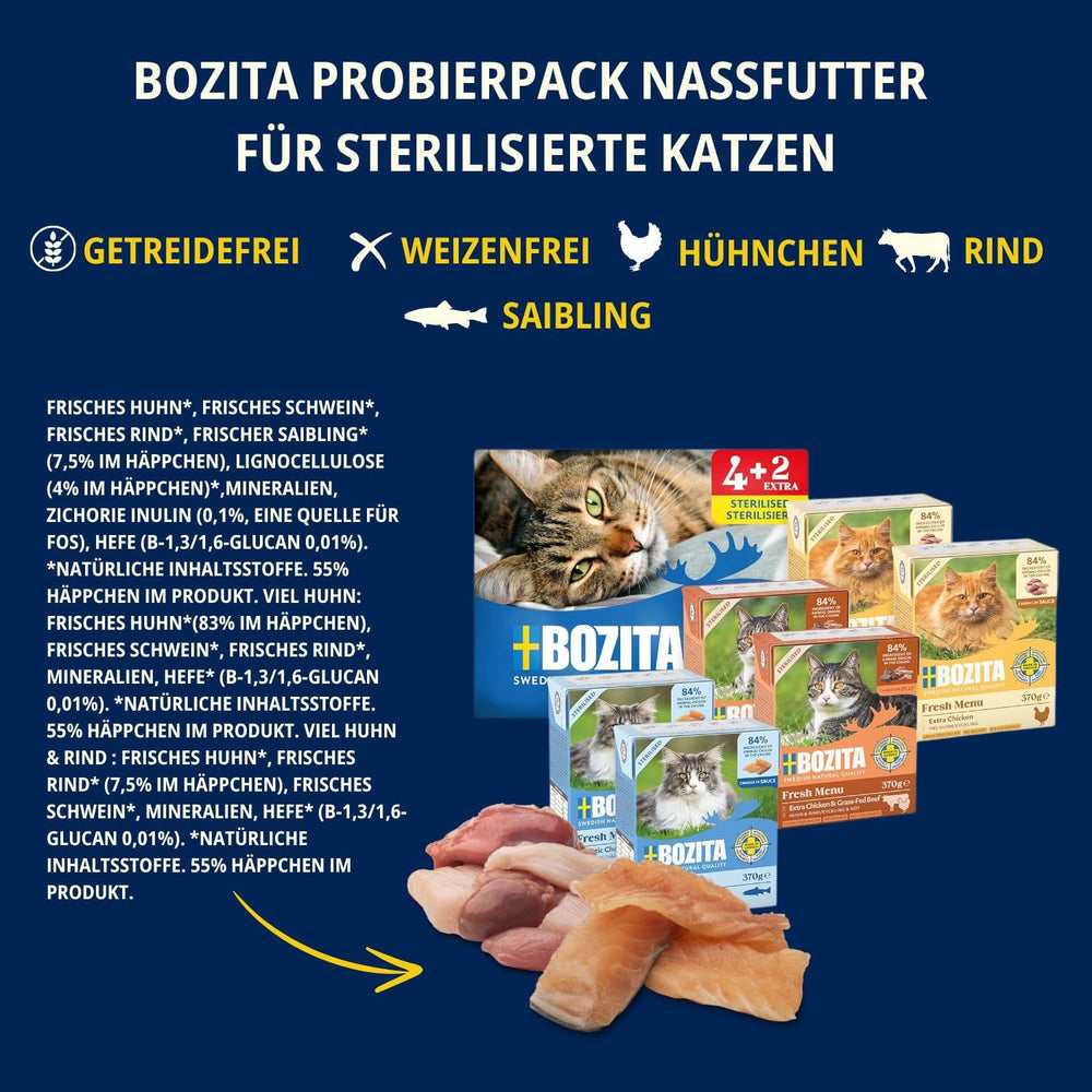 Pachet de probă Bozita Tetra în sos cu mult pui, cărbune și mult pui și vită în jeleu - 4+2-6x370g Hrană fără cereale și zahăr pentru pisici sterilizate, cu 7,5% proteine și 5% grăsimi