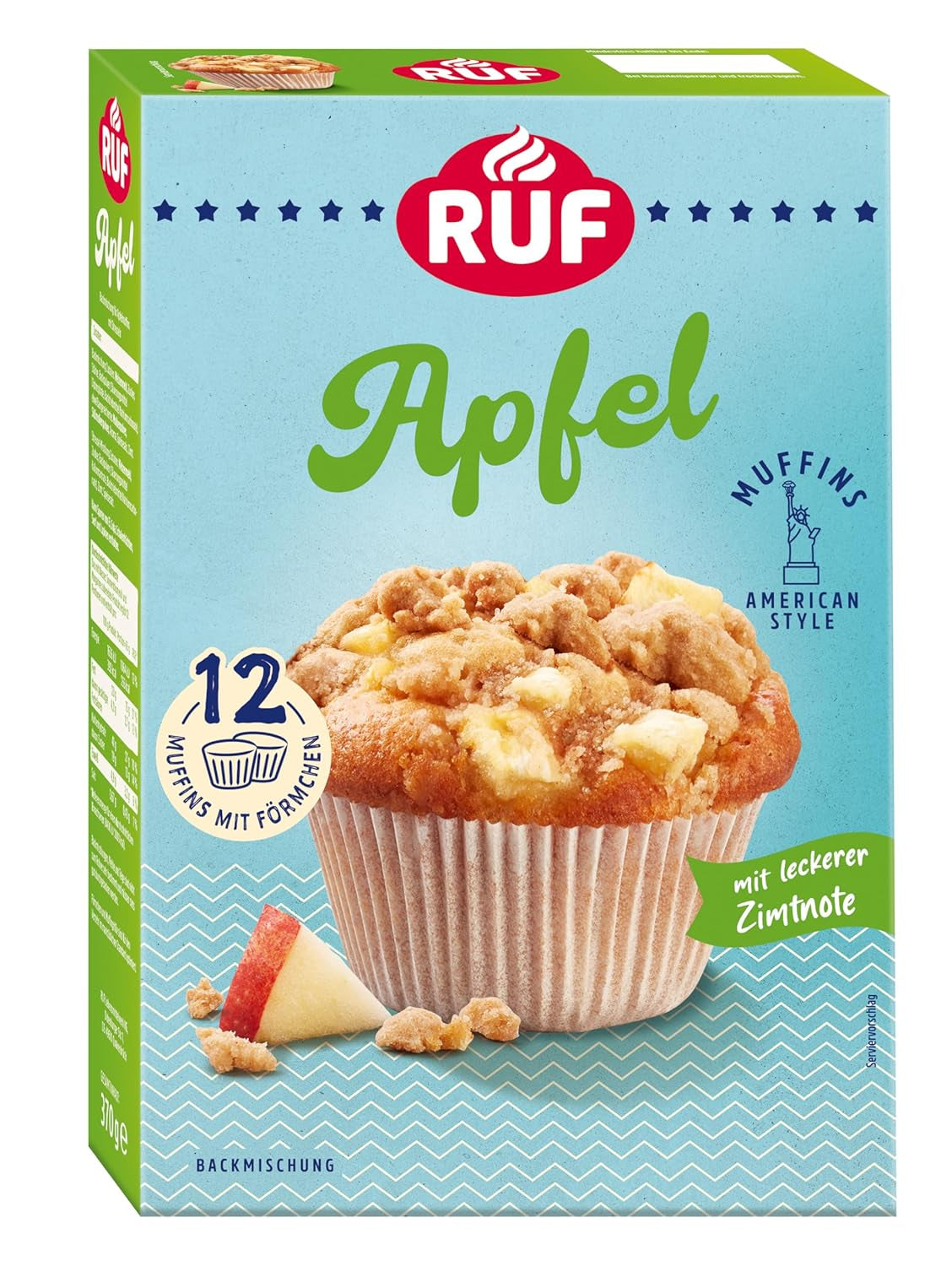 RUF Cheesecake-Muffins Backmischung, American Style Muffins Mit Cremiger Füllung, Einfache Zubereitung, 12 Muffin-Förmchen Inklusive Naty Shop Apfel 370 G (1 Er Pack)