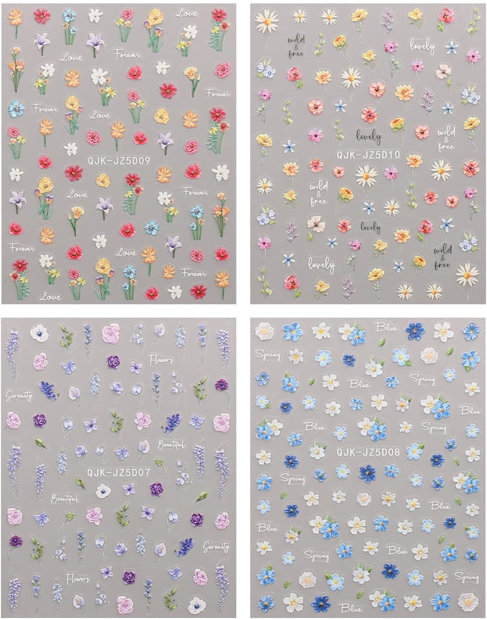 JMEOWIO 3D Nagelsticker Blumen Nail Art Sticker Selbstklebend Nagelaufkleber 5D Stereoskopisch Frühling Sommer Blumen Dekoration Nageldesign Zubehör 4 Blatt