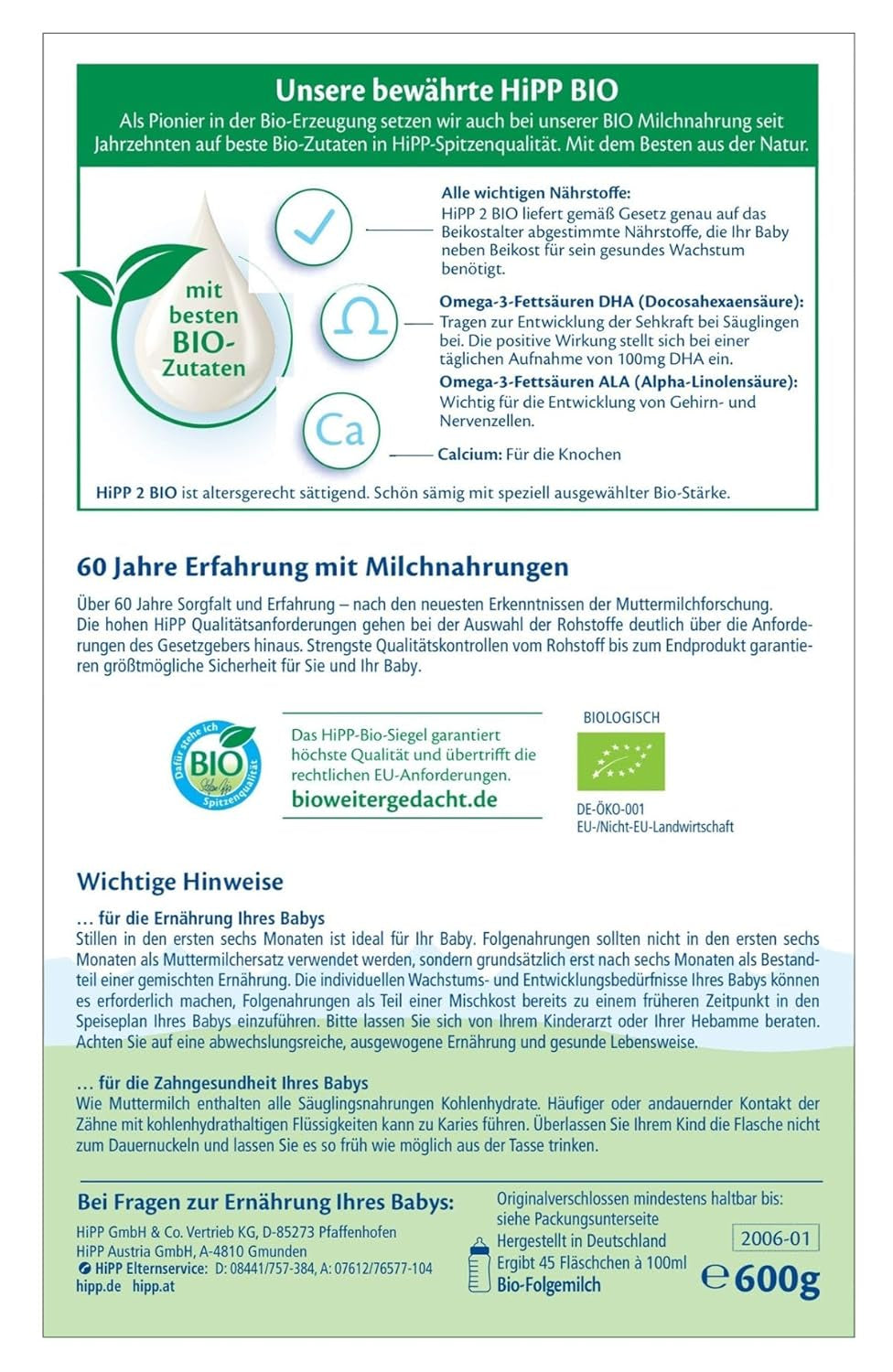 HiPP 2 Organic anyatej (4 x 600g), 6 hónap után, Omega-3-mal (DHA, ALA), kalciummal és könnyen elkészíthető biokeményítővel, a legjobb bio minőségben