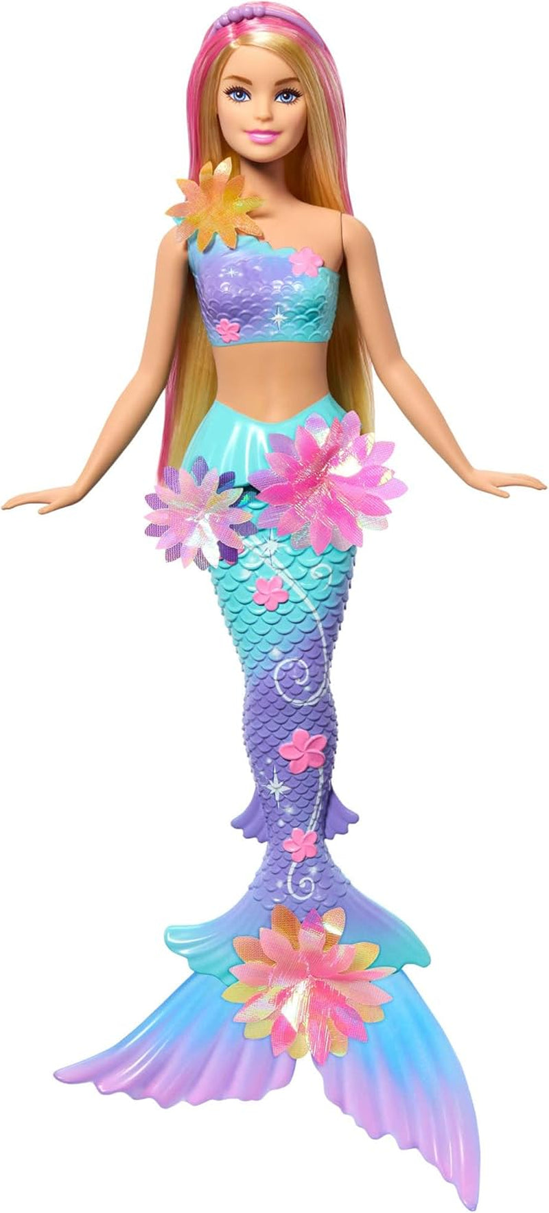 Barbie Meerjungfrauen-Spielzeugpuppe mit magischer Überraschungsblüte, Schwanzflosse mit Farbverlauf, perlenbesetztem Haarreif und langem braunen Haar mit violetten Strähchen, JDM73