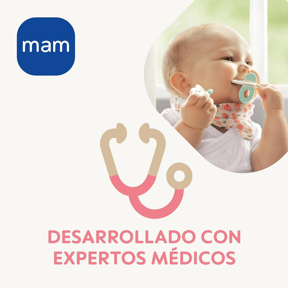Inel de dentiție MAM, de la 4 luni, ușurare imediată pentru erupția dentară ulterioară, extra ușor și ușor de prins și ținut în mână, cu cutie autosterilizabilă, roz, 1 bucată