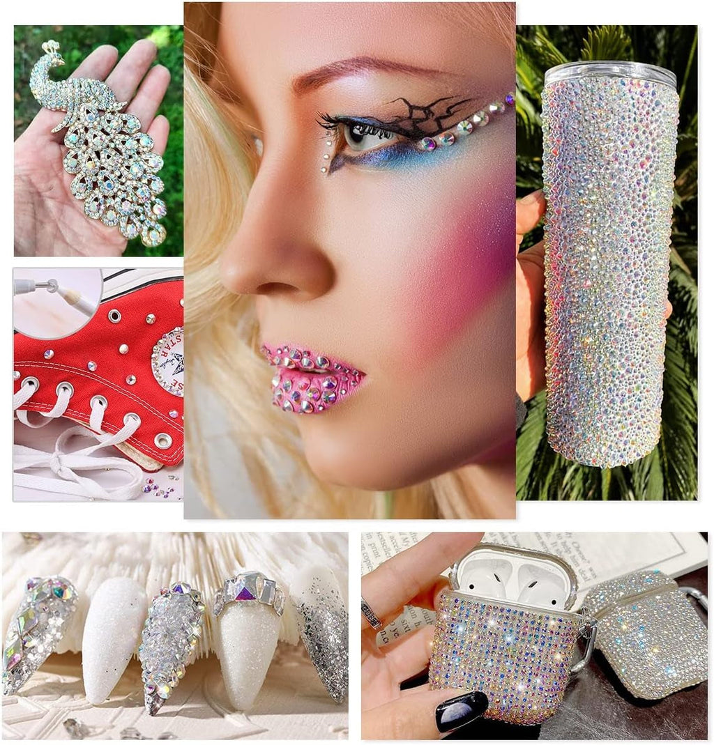 2630 buc pietre strălucitoare cristal AB pentru unghii, 120 pietre strălucitoare mari de 12 tipuri + 2510 pietre rotunde din sticlă K9 de 6 dimensiuni pentru unghii, strasuri, design de unghii, brelocuri pentru unghii pentru arta feței