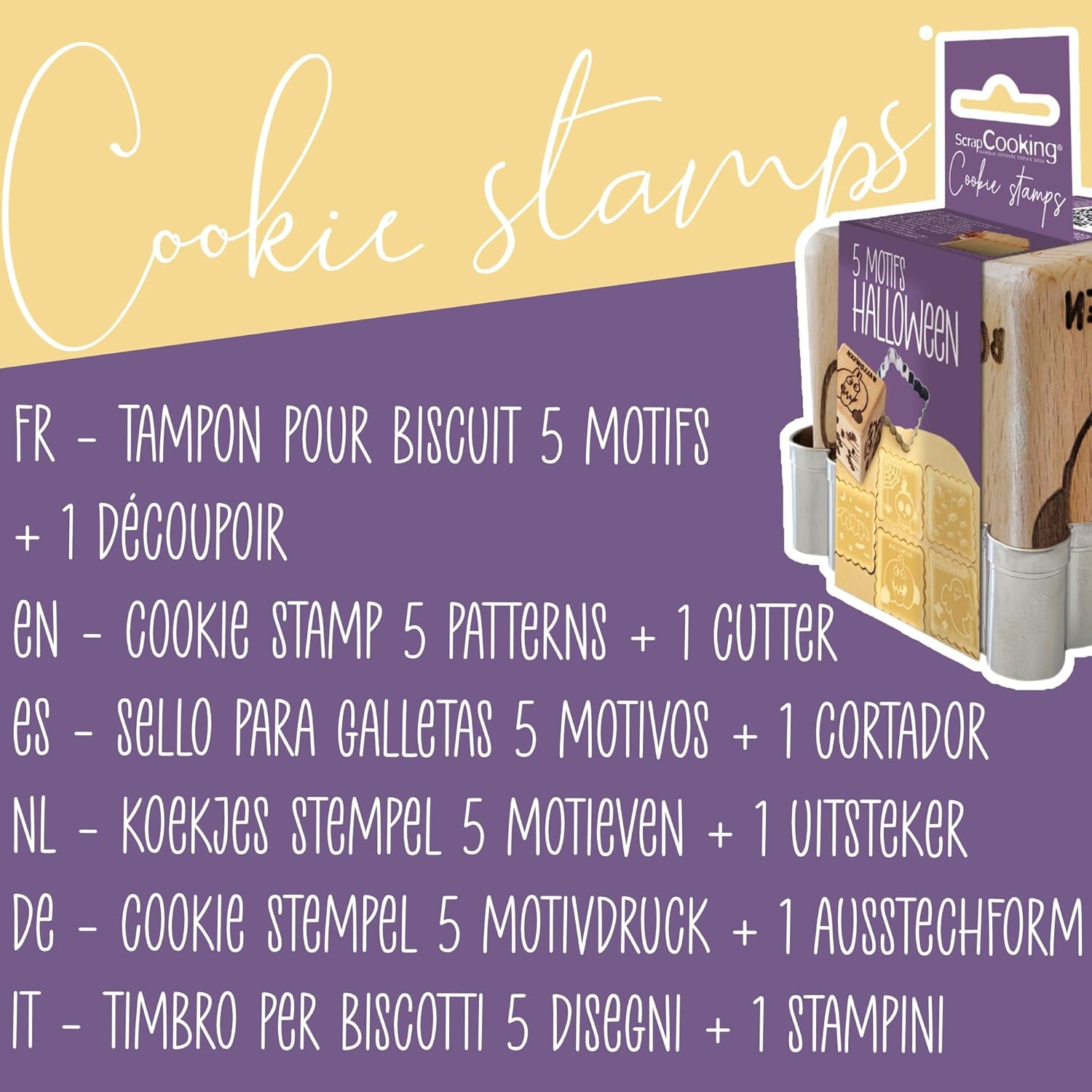 ScrapCooking – Gebäckstempel aus Holz mit Halloween-Mustern – mit 1 Keksausstecher und Würfelausstecher mit 5 erhabenen eingravierten Gesichtern – 5298