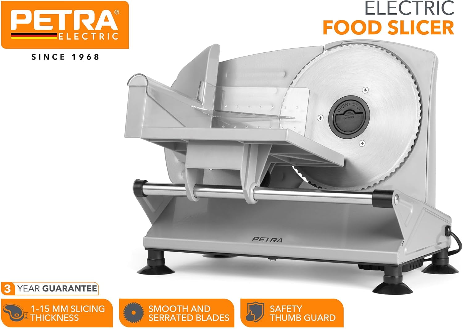 Petra PT4636VDE Feliator electric multifuncțional, grosime de tăiere 1-15Mm, 3 lame din oțel inoxidabil netede Rasnite si Feliatoare Naty Shop