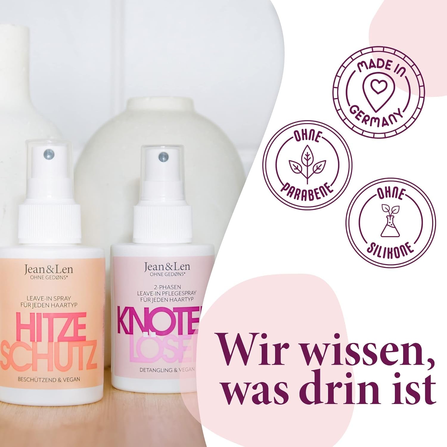 Jean & Len Knot Remover 2-Phase Leave-In Conditioning Spray, potrivit pentru toate tipurile de păr, descurcă părul și îmbunătățește pieptănabilitatea, parfum proaspăt, descurcare, fără siliconi și parabeni, vegan, 100 ml Produse pentru descurcarea părului Naty Shop