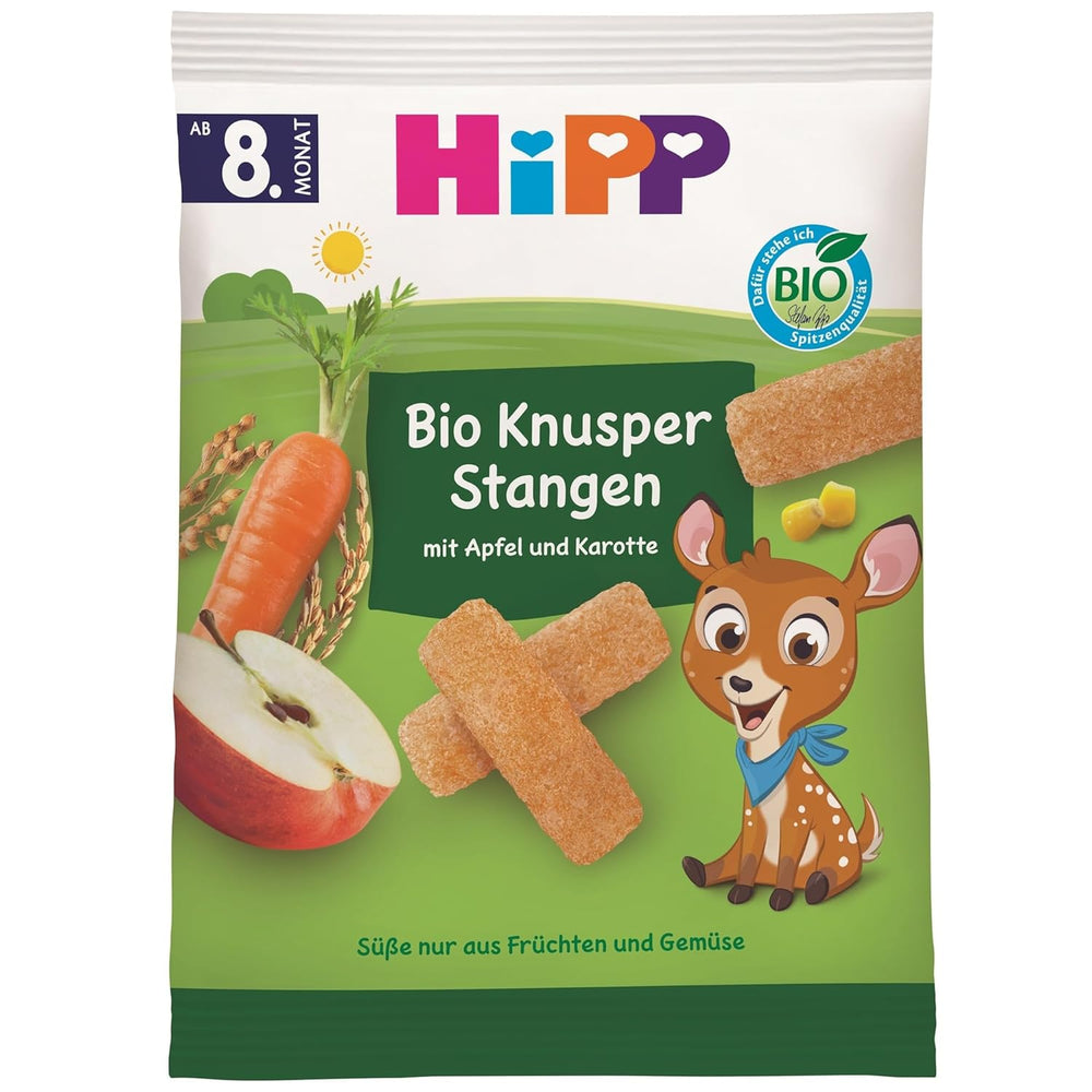 HiPP Bio Knusper Stangen Apple Karotte (7 x 30g), Babysnack ab 8. Monat, Süße nur aus Früchten und Gemüse, glutenfrei, in best Bio-Qualität