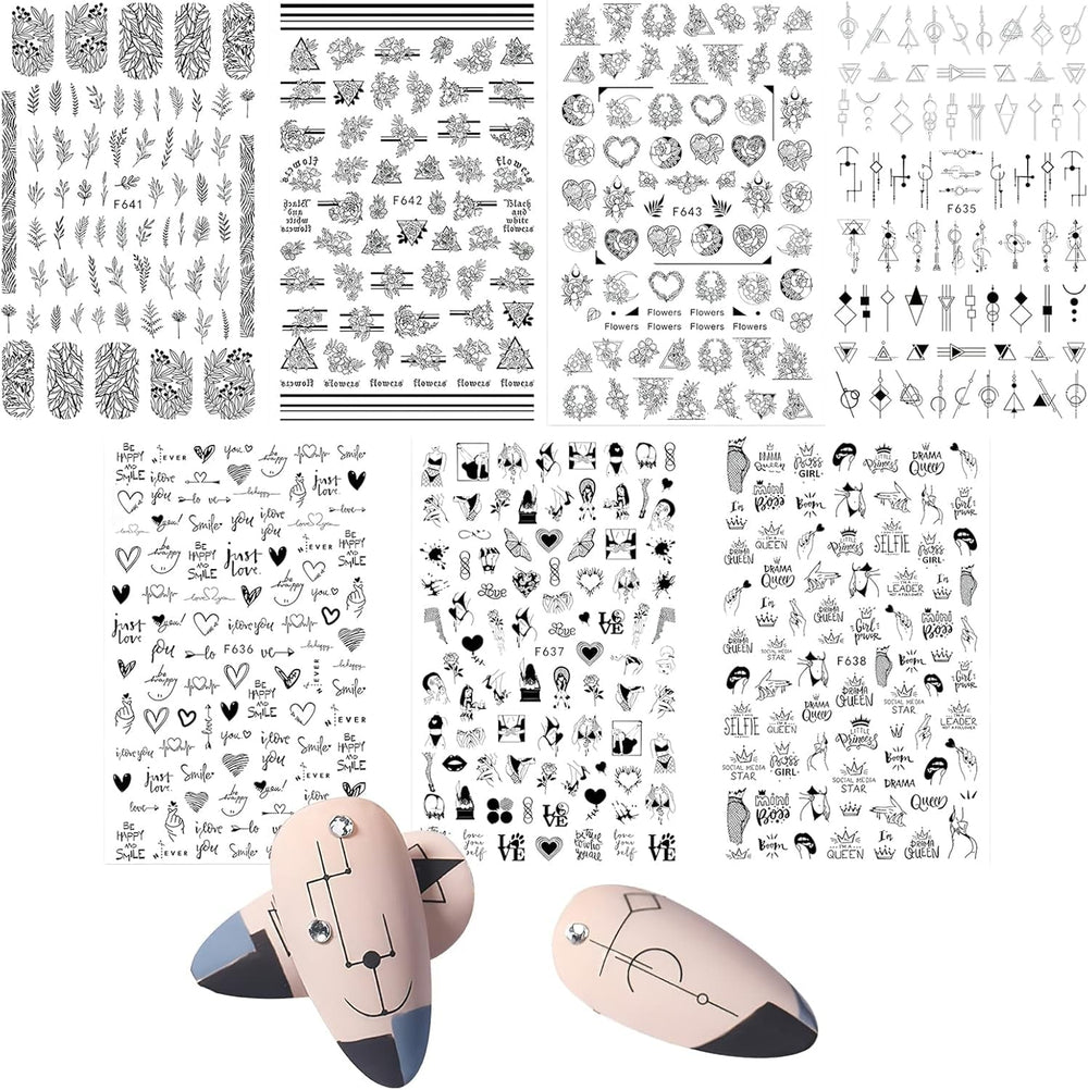 7 Blätter Nagelsticker Selbstklebend Nagelsticker Blumen Abstrakt 3D Schwarz Nagelaufkleber Nageldesign Herzform Wörter Pflanzen Nagel Sticker DIY Nail Art Zubehör Maniküre Dekoration