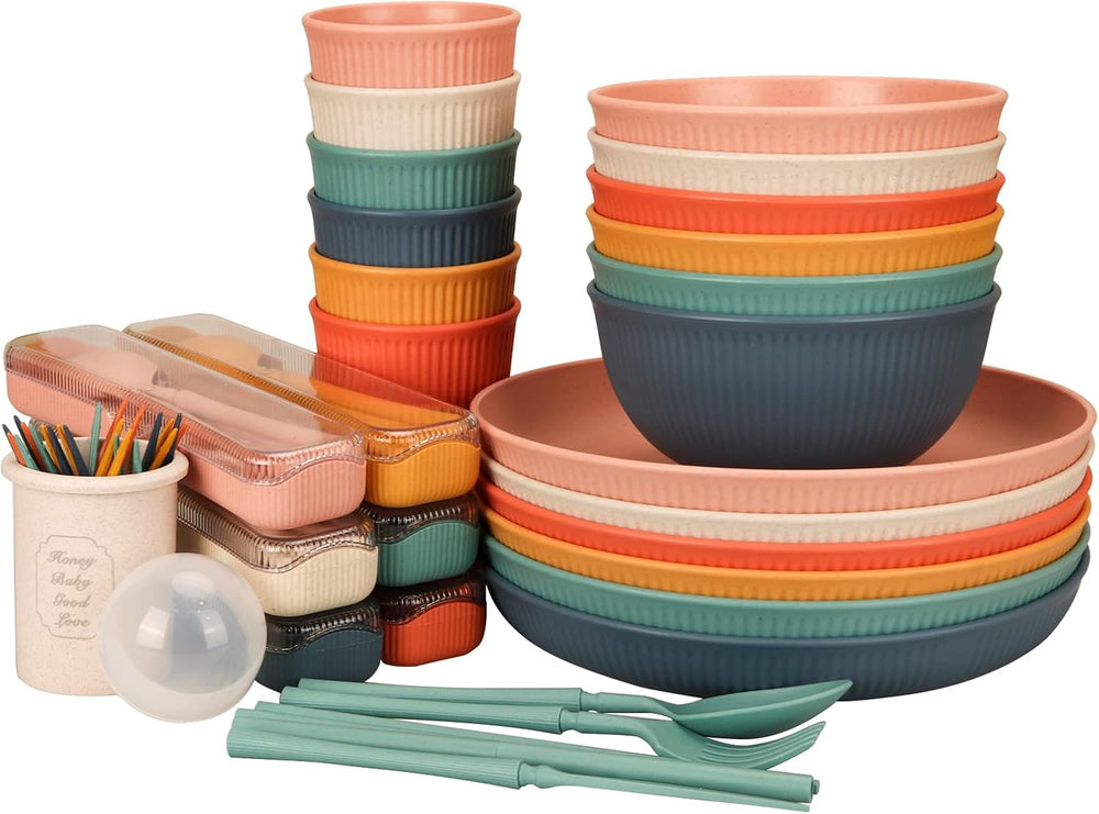 Set de tacâmuri indestructibil pentru 6 persoane, set de tacâmuri pentru camping cu 66 de piese, seturi de tacâmuri din plastic pentru picnic, ușoare, colorate, grătar, farfurii de servire din plastic, boluri, set de tacâmuri