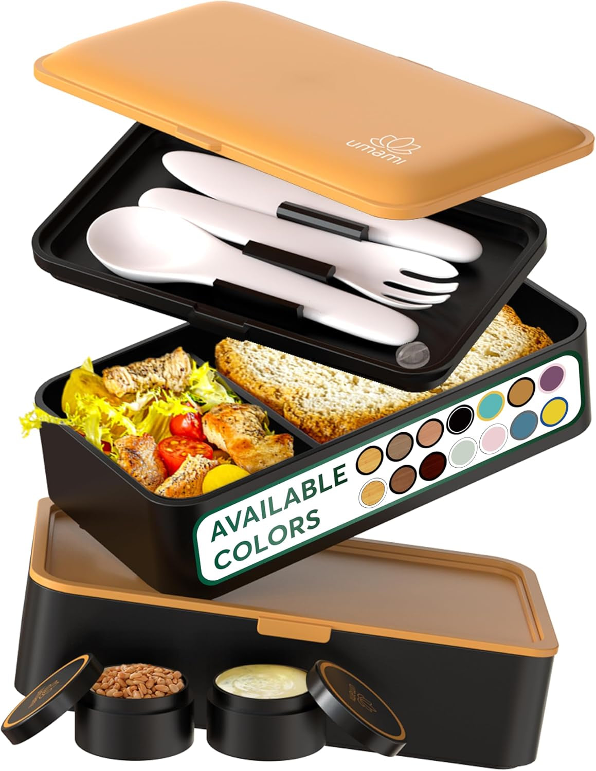 Cutie de prânz Umami pentru adulți, cutie bento stivuibilă etanșă cu 4 tacâmuri și compartimente, cutie de prânz pentru adulți, recipient pentru salată to-go, cutie de prânz pentru picnic / birou, gri cărbune, 1500 ml