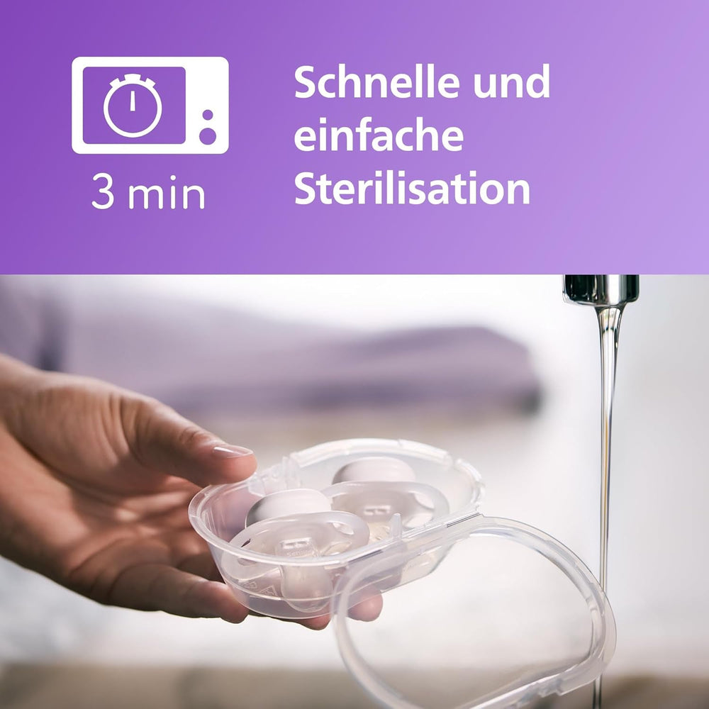 Suzetă de noapte Philips AVENT Ultra Start, suzetă ortodontică pentru nou-născuți, strălucește în întuneric, fără BPA, cu recipient de sterilizare, pachet dublu, Lună, Stea, SCF075/07