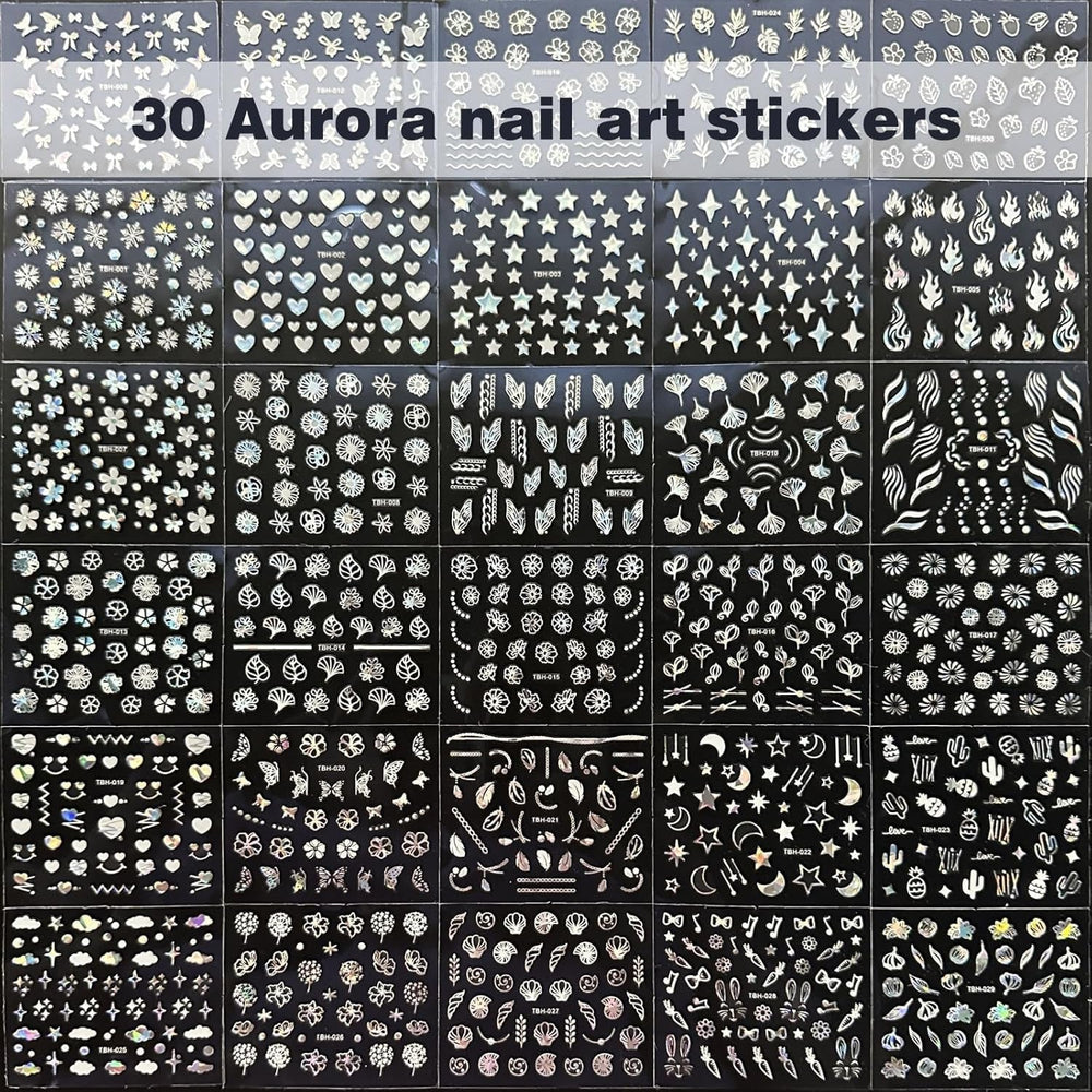 30 Blatt Aurora-Nagelkunst-Aufkleber, Selbstklebende 3D-Blumen-Nagelaufkleber, Aurora-Mond-Stern-Nagelaufkleber Für Nagelkunst, Blatt-Herz-Nageldesign Für Diy-Acrylnägel-Dekoration