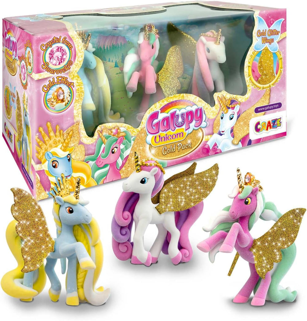 Galupy Unicorn - Pachet de 3 figurine unicorn, jucării unicorn de colecționat, figurine ponei cu aripi strălucitoare și cristal Swarovski Action figures Naty Shop Galupy Gold Edition Pochette_3
