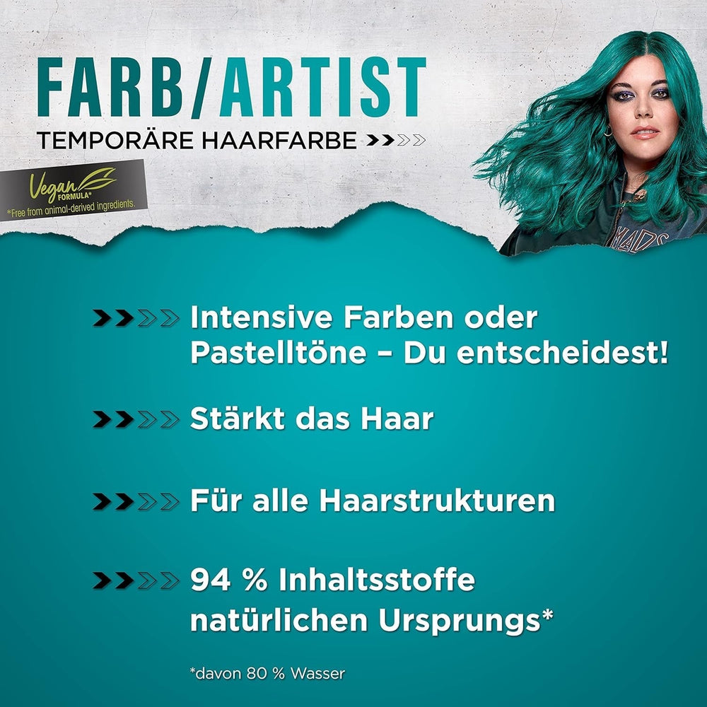 got2b Colour/Artist 097 Mermaid Green Level 2 (3x 80 ml), vopseaua de păr temporară face părul să strălucească în culori intense sau nuanțe pastelate, vopseaua de păr durează 12-15 spălări, formulă vegană Vopsea pentru par Naty Shop