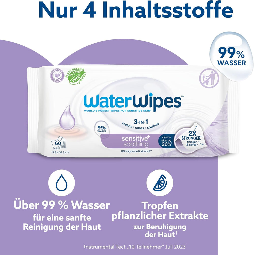 WaterWipes Sensitive+ nyugtató, tiszta nedves törlőkendők, 720 darab (12 csomag), 3 az 1-ben tisztító, ápoló és nyugtató, 99% víz növényi kivonattal, illatmentes baba nedves törlőkendők