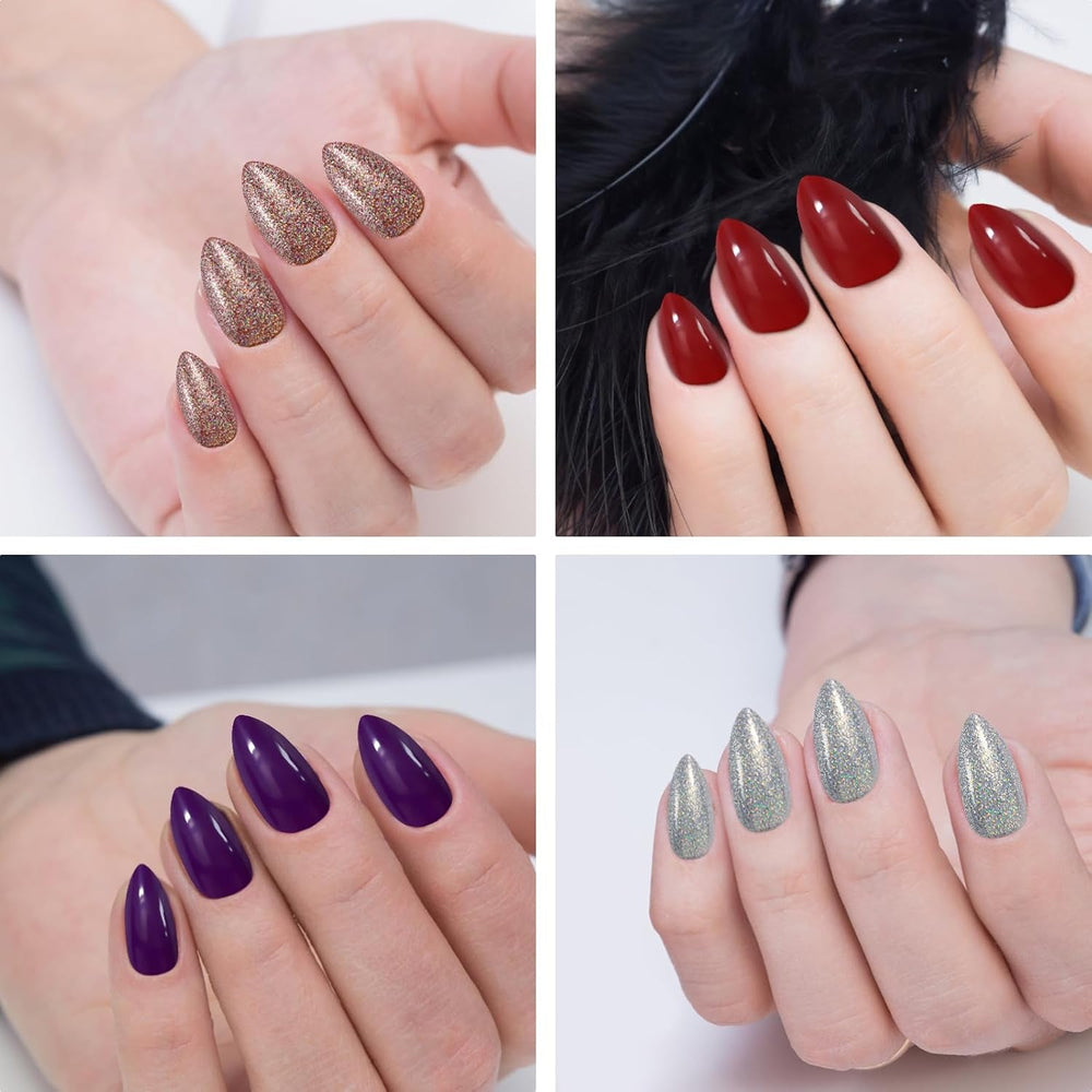 576 buc unghii migdale pentru lipire pe unghii scurte, colorate cu sclipici, set de unghii artificiale lucioase, unghii false cu pilă de unghii, unghii ovale, unghii artificiale pentru femei