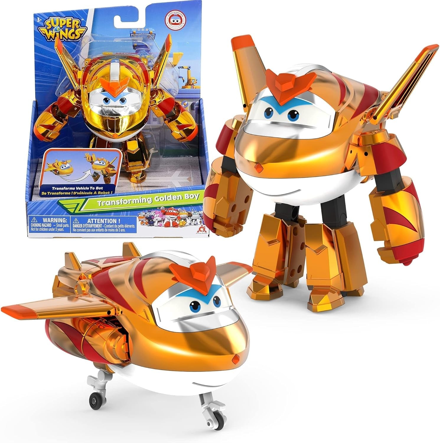 Super Wings Transformation Plane Supercharged Traver, kb. 12,7 cm-es nagy gyerekjáték figura játék repülőgép és robot figura fiúknak és lányoknak 3 éves kor felett ezüst akciófigurák Naty Shop The Golden Boy