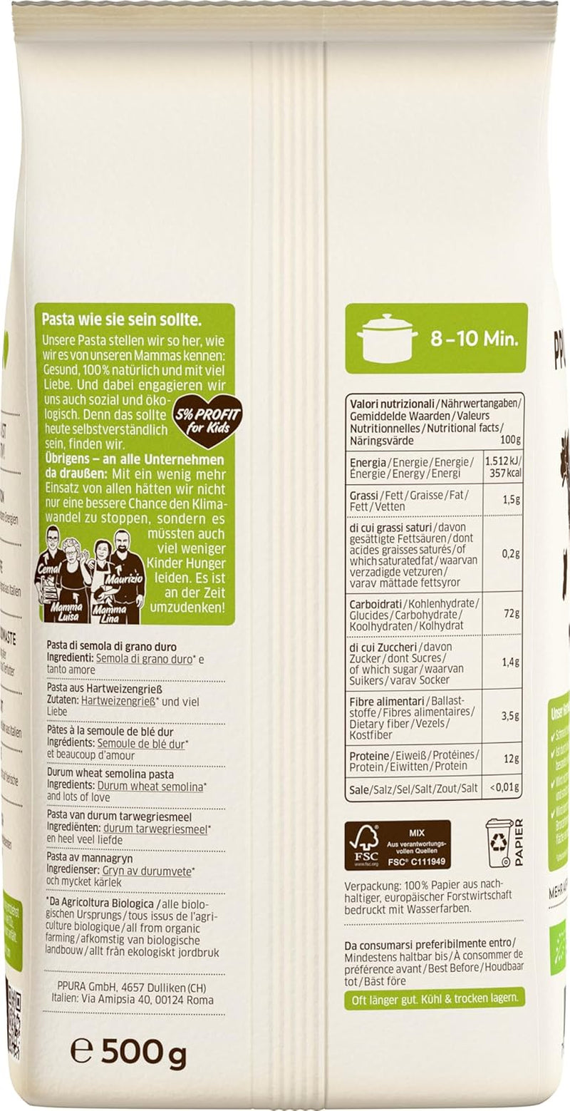PPURA Organic durumbúza Penne tészta 500g, 100%-ban természetes csőtészta, Made in Italy - olasz tészta adalékanyagok, színezékek és tartósítószerek nélkül
