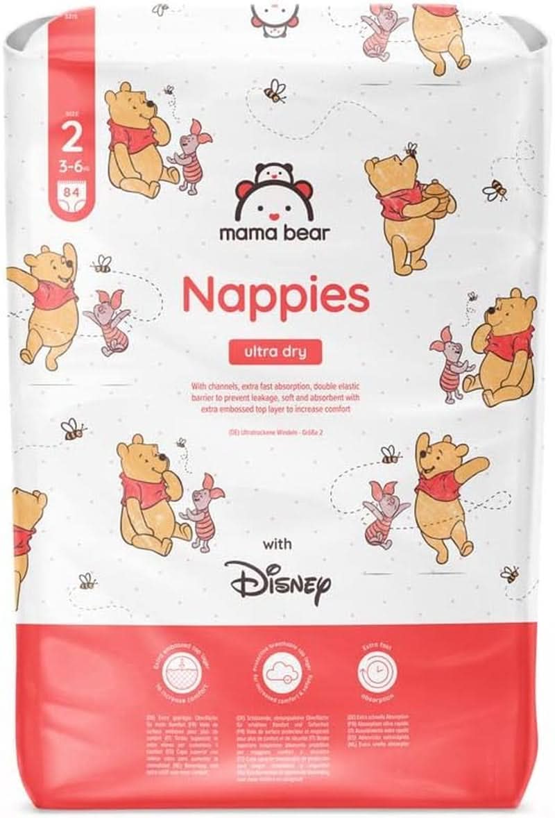 Mama Bear Disney Ultra Dry pelenkák 4-es méretű (8-14 kg), fehér, 84 darabos (1 csomag) Naty Shop 2-es méret (3-6 kg) egy csomag