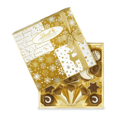 Lindt csokoládé | Doboz aranydarabos praliné | 180g | 18 praliné 10 választékban, finom praliné választék, néhány alkohollal | Prémium díszdoboz karácsonyi pralinéval