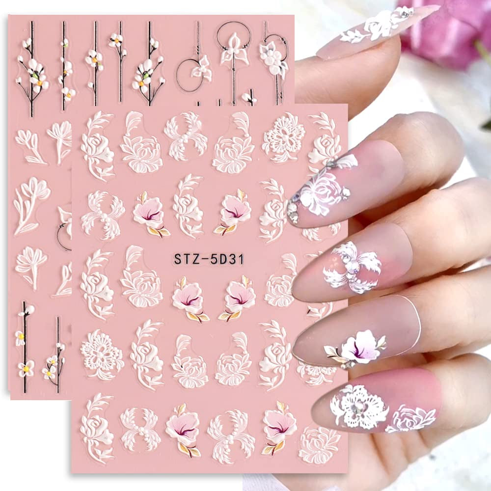 4 Blatt 3D Nagelsticker Frühling Blume Nagelaufkleber 5D Stereoskopisch Selbstklebend Nail Art Sticker Dekoration Nageldesign Zubehör