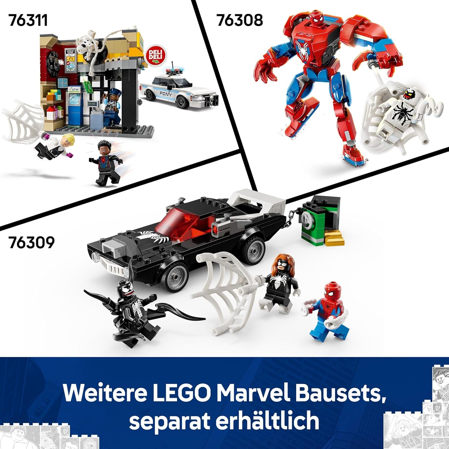 LEGO | Marvel Spider-Man Mech vs. Venom Muscle Car - Auto Spielzeug mit 3 Superhelden Minifiguren - Modellauto mit Shootern - Geschenk für Jungen und Mädchen ab 7 Jahren 76309