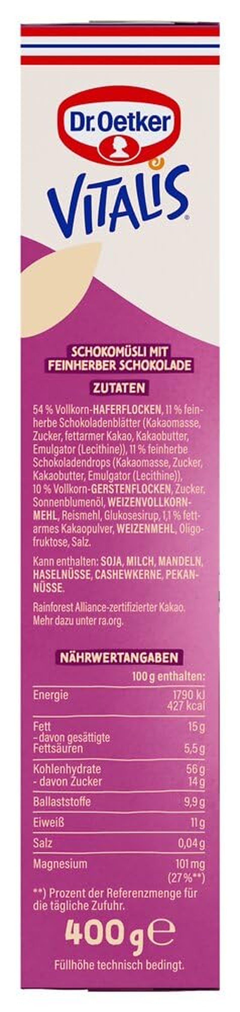 Dr. Oetker Vitalis étcsokoládé müzli: Étcsokoládé reggeli müzli, 6 db-os kiszerelés (6 x 600g)