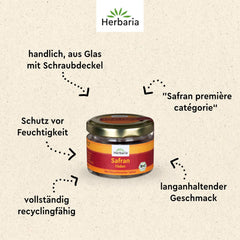 Herbaria Safran-Fäden bio 0,5g im Glas – Bio Saffron-Fäden aus dem bereicht Safran-Ort Taliouine in Marokko – Safranfäden in Premium Bio-Qualität – Saffron Premium – Safran première catégorie