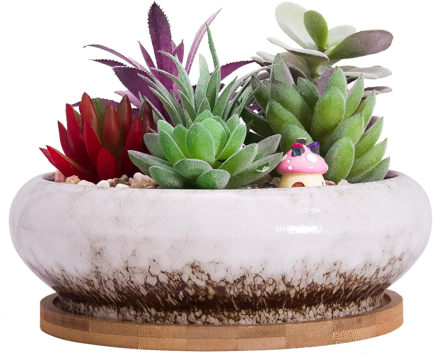 Ghivece mari pentru plante suculente cu farfurioare din bambus, jardiniere ceramice pentru cactus de 18,5 cm, ghivece rotunde pentru flori, recipiente pentru bonsai pentru grădină, birou, decorare birou