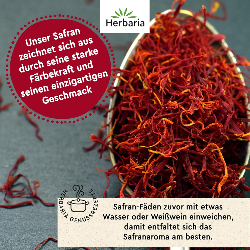 Herbaria Safran-Fäden bio 0,5g im Glas – Bio Saffron-Fäden aus dem bereicht Safran-Ort Taliouine in Marokko – Safranfäden in Premium Bio-Qualität – Saffron Premium – Safran première catégorie