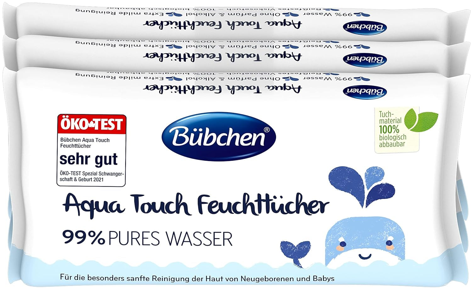 Bübchen Aqua Touch baba nedves törlőkendők 144 db (3 x 48) - Érzékeny bőr ápoló törlőkendők 99%-os tiszta vízzel, újszülött és baba nedves törlőkendők