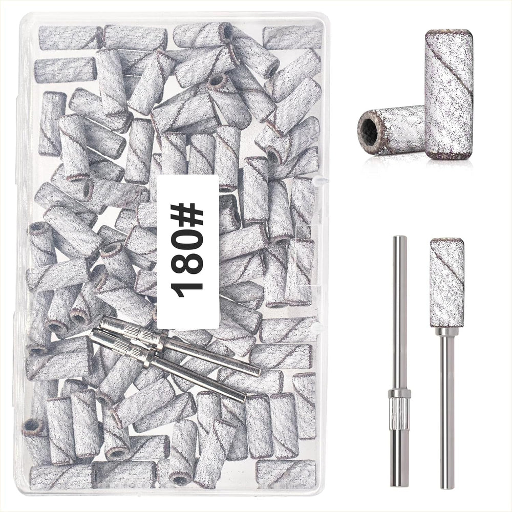 BLESWIN 100 bucăți benzi de șlefuit mici pentru burghie de unghii, granulație fină 240 cu 2 bucăți burghiu de 3 mm, mini benzi de șlefuit pentru lustruirea unghiilor naturale și curățarea cuticulelor pentru pregătire, roz