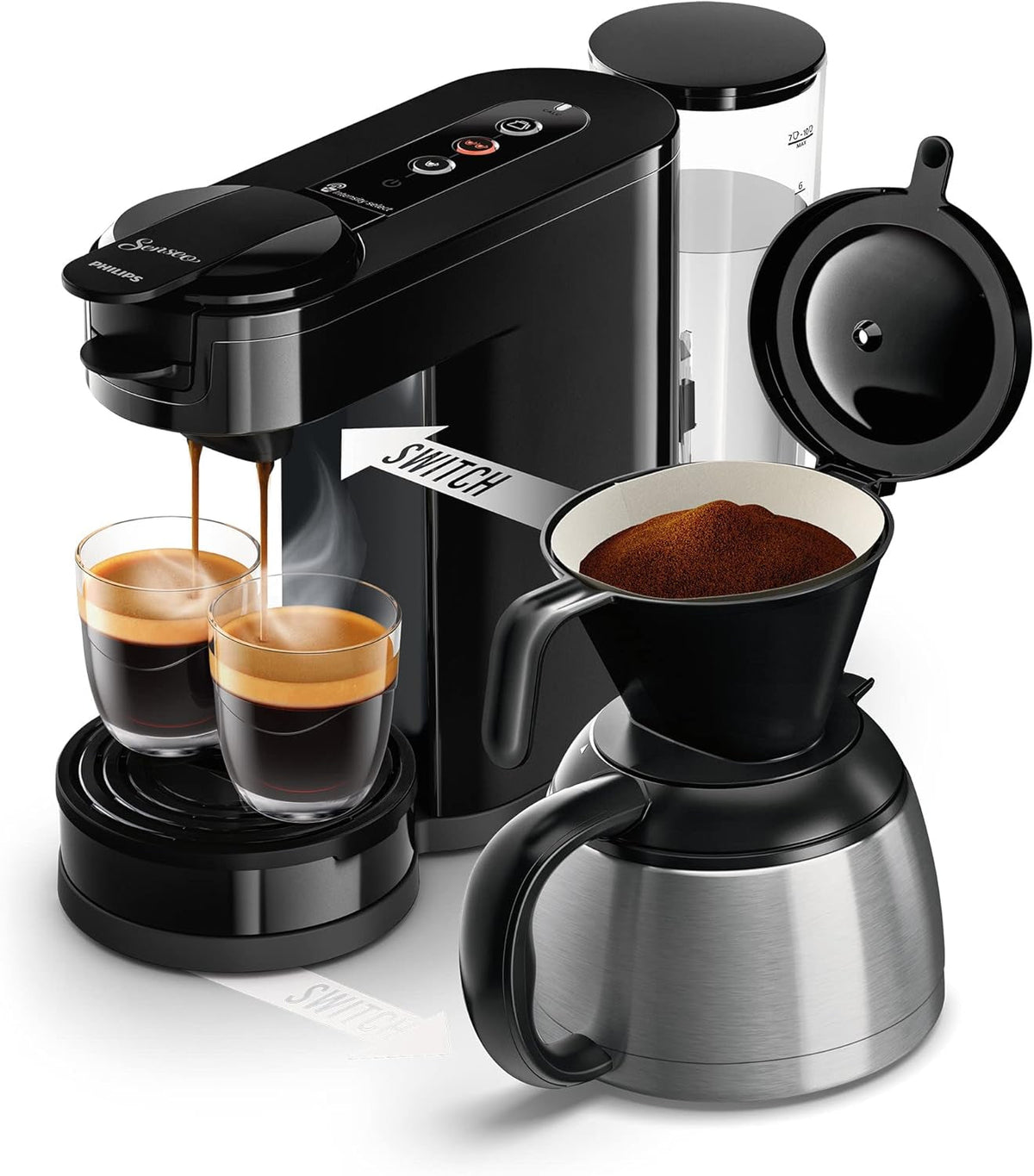 Espressor cu filtru și pad PHILIPS Senseo Switch, tehnologie de preparare 2 în 1, rezervor de apă de 1 litru, 7 căni într-o singură preparare, negru piano (HD6592/64)