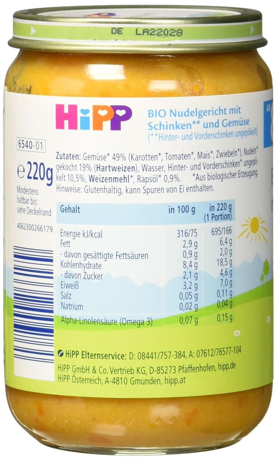 Hipp bio tészta sonkával és zöldségekkel, 6 db-os (6 x 220 grammos) Mother and Child Naty Shop csomag