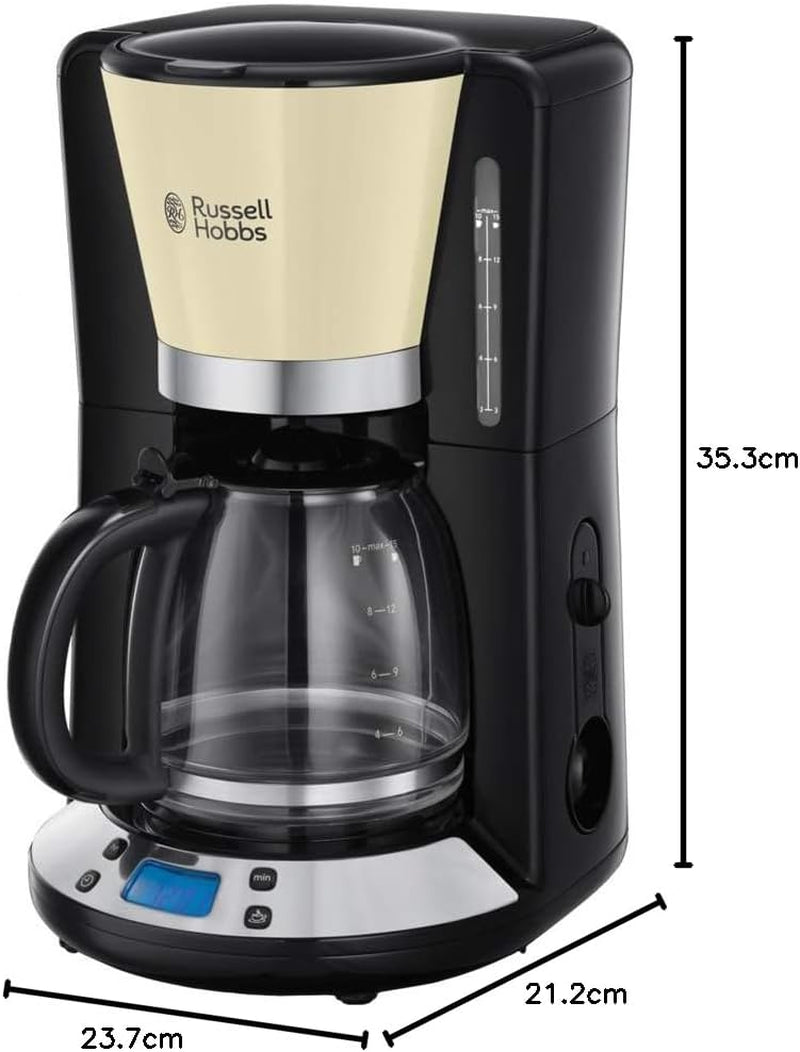 Cafetieră Russell Hobbs [Temporizator digital, Cap de duș pentru extracție și aromă optime] Colours+ Creme (1 până la 10 cești, carafă de sticlă de 1,25 l, placă de încălzire, 1100 W) Cafetieră cu filtru 24033-56