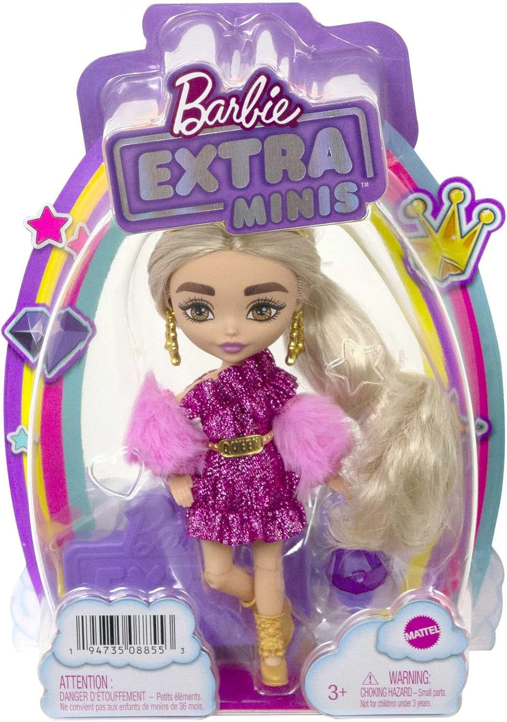 Barbie Extra Minis, blondem Pferdeschwanz, Goldener Krone, Ohrringen und Königinnengürtel, lila Diamanttasche, rosa Paillettenkleid, inkl. Barbiepuppe, Geschenk für Kinder ab 3 Jahren,HJK67