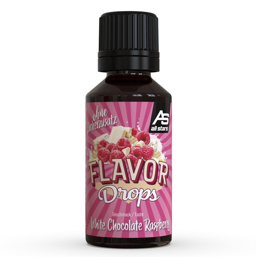 ALL STARS ízesített cseppek hozzáadott cukor és kalória nélkül - Édesség és íz az ételekhez, 30 ml Édesítőszerek Naty Shop Fehér csokoládé málnával 30 ml