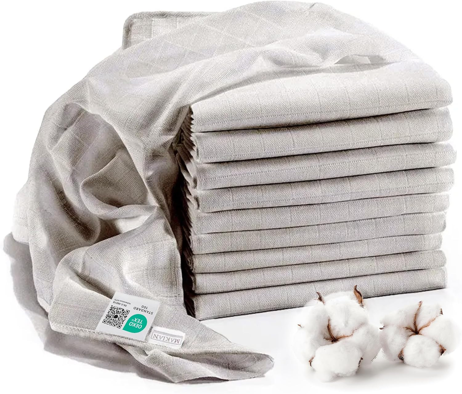 MAKIAN muszlin négyzetek, 10 db-os csomag, 80x80 cm, Oeko-TEX® Standard 100 tanúsítvánnyal rendelkező, 10 prémium böfös kendő - dupla szövött szövetnégyzetek / muszlin négyzetek, forrásálló - fehér
