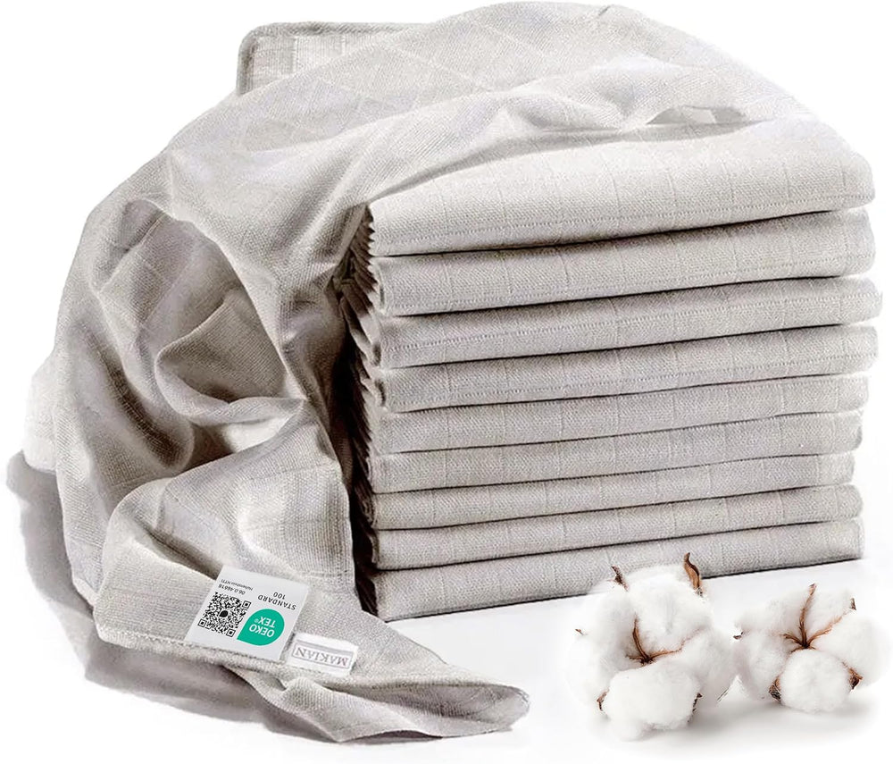 MAKIAN muszlin négyzetek, 10 db-os csomag, 80x80 cm, Oeko-TEX® Standard 100 tanúsítvánnyal rendelkező, 10 prémium böfös kendő - dupla szövött szövetnégyzetek / muszlin négyzetek, forrásálló - fehér