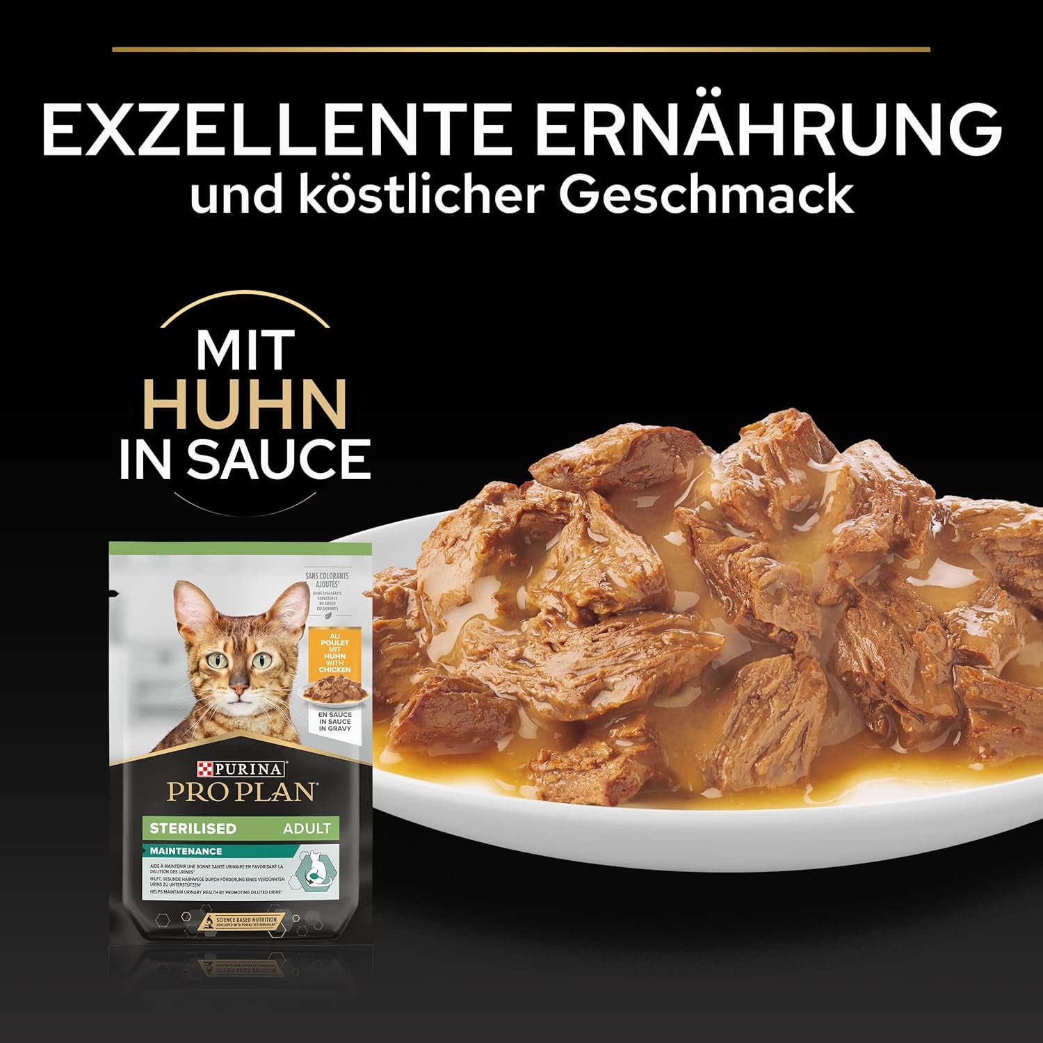 Hrană umedă sterilizată Pro Plan pentru pisici adulte, cu pui, pachet de 26 (26 x 85 g)