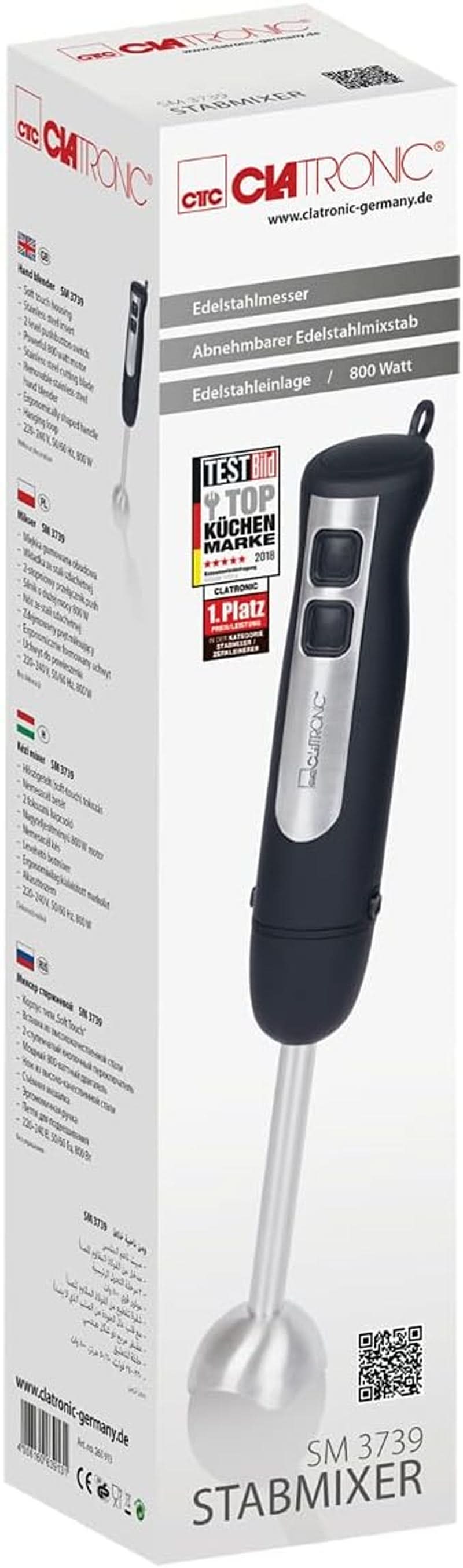 Clatronic Stabmixer SM 3739 Pürierstab, Handmixer, Mixer Für Smoothie, Shakes, 2 Stufen-Schalter, Multizerkleinerer, Edelstahl-Stab Und Messer, Aufhängeöse, 800 Watt Motor, Schwarz-Edellstahl Mother és Child Stahl Mother