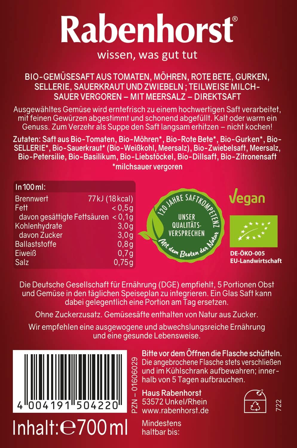 RABENHORST (6 X 700ml) - Kiváló minőségű zöldséglé különböző zöldségekből Alkoholmentes italok Naty Shop