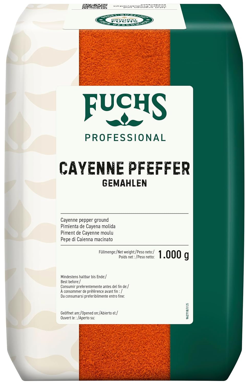 Fuchs Professional - Cayenne Pfeffer gemahlen | Scharfes Gewürz für Chili con Carne | Profi-Qualität für Großverbraucher und Gastronomie | 1 kg-os újrahasznosítható zacskó