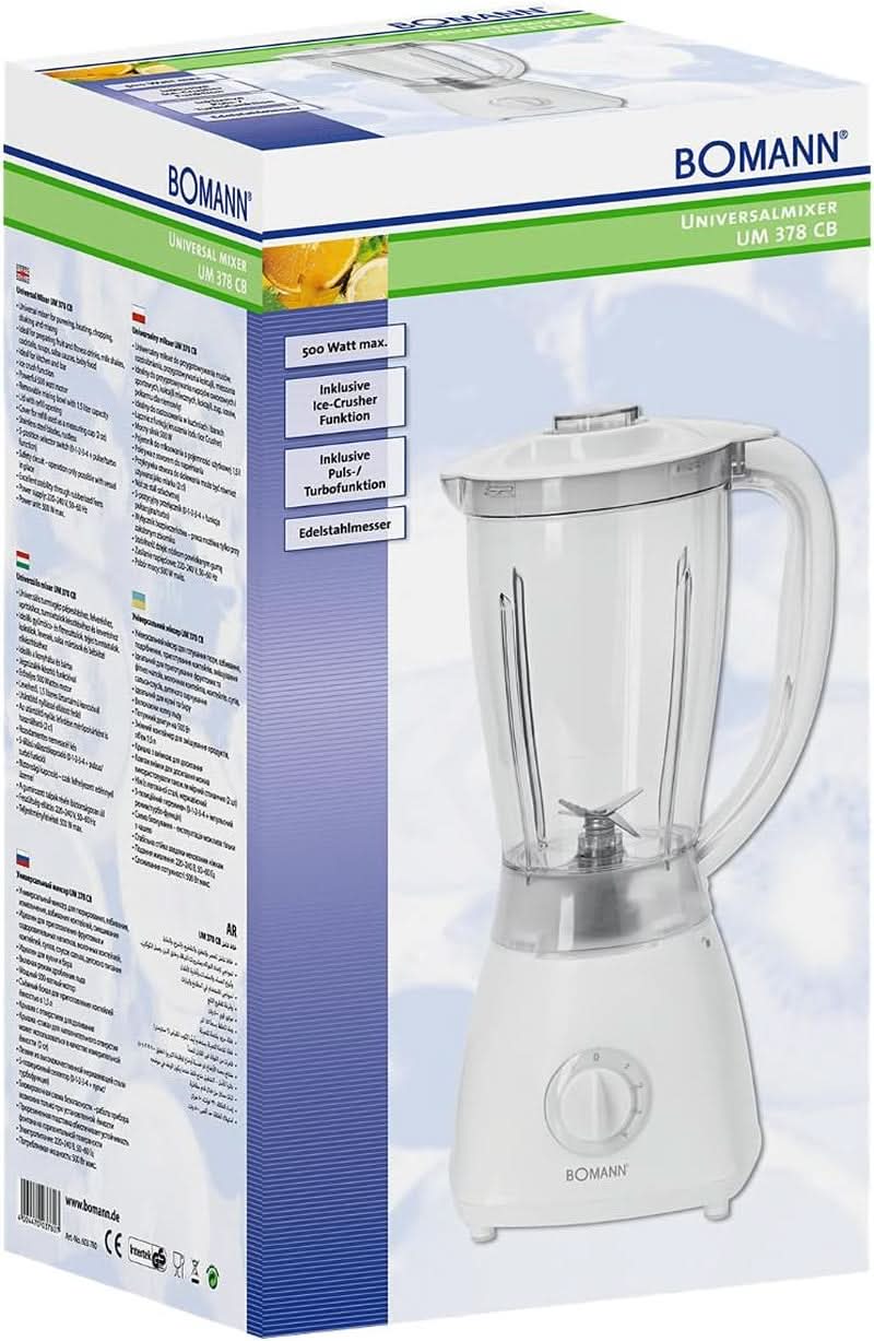 Bomann 378 CB univerzális keverő Zum Pürieren, Schlagen, Zerkleinern, Shaken Und Mixen, Ice Crush-Funktion, Kraftvoller 500 Watt-Motor, Abnehmbarer Mixbehälter Mit 1,5 Liter, Edelstahlmesser, Weiß Kitchen37ty8, CB UM