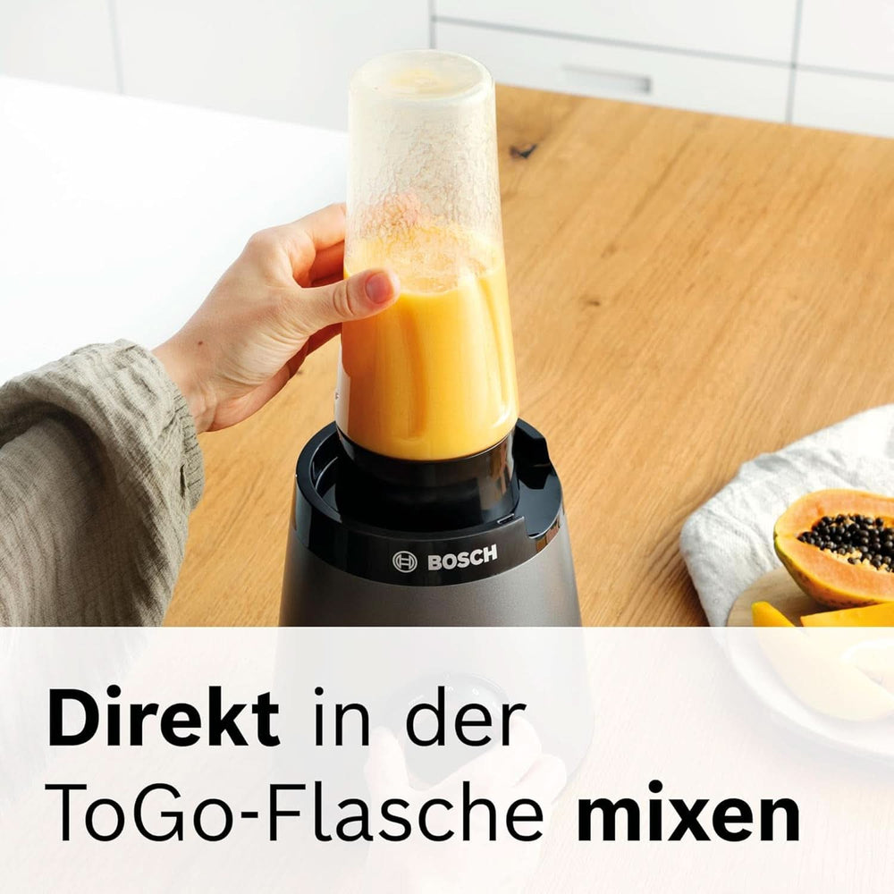 Bosch Standmixer Vitapower Serie 4 MMB6174SN, Verbesserte Version, Hochwertige Edelstahl-Klingen, 1,5L Glasbehälter, 0,6L To-Go-Flasche, Spülmaschinenfeste Teile, 30 000 U/min, Silver Kitchen Naty, 1200 W