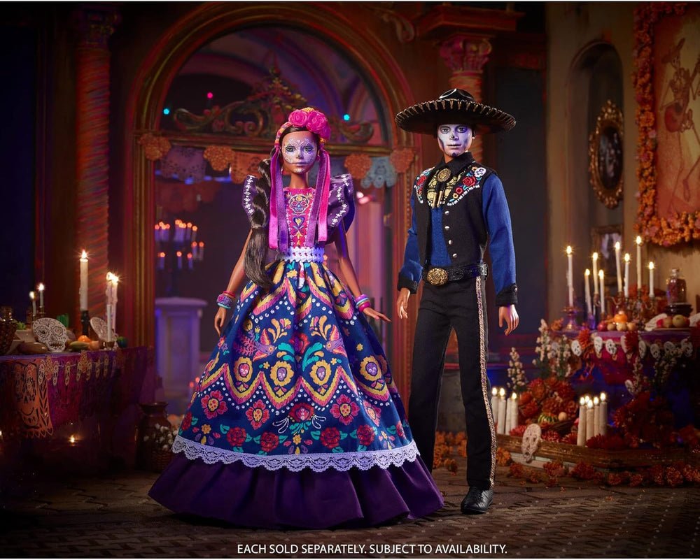 Păpușă Barbie 2022 Día De Muertos cu rochie tradițională cu volane, coroană de flori și vopsea facială Calavera, cadou pentru colecționari