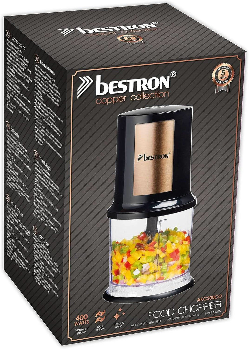 Bestron Elektrischer Multi-Zerkleinerer, Universalzerkleinerer Mit Zwei Schneidemessern & 500Ml Kapazität, Große Pulstaste, 400 Watt, Szín: Kupfer Kitchen Naty Shop